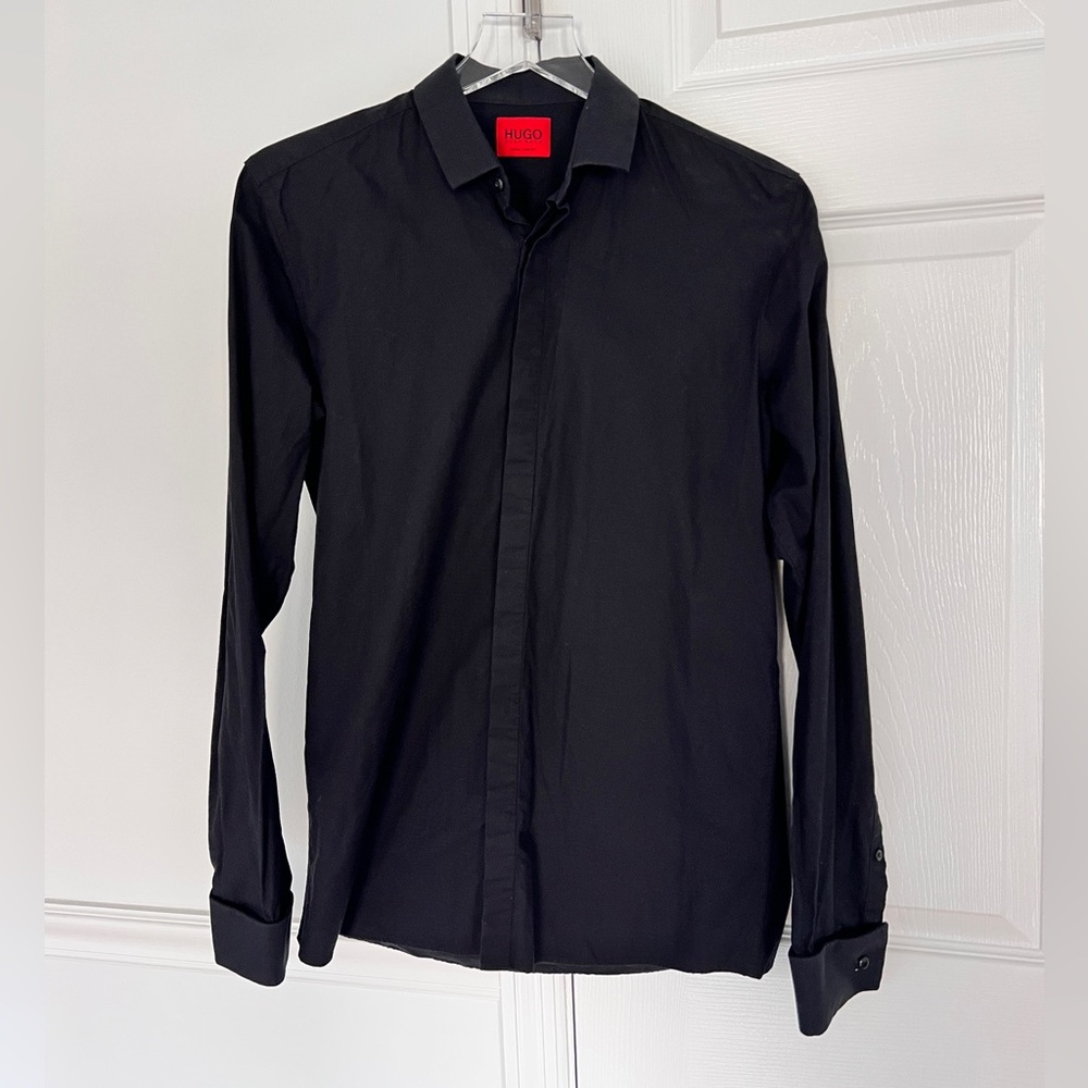 HUGO Hugo Boss Dress Shirt Black Ejinar Extra Slim Fit Textured men's 38 15